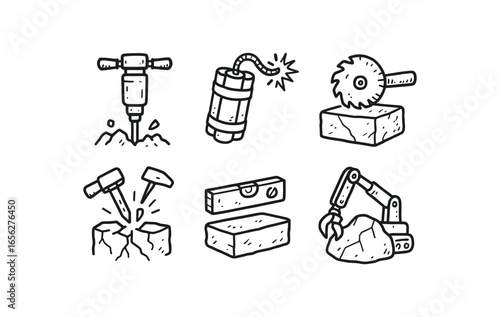 hand drawn cute doodle ink line art style line monochrome monochrome isolated on white background quarry driller (tasks): boring blasting cutting splitting leveling extracting