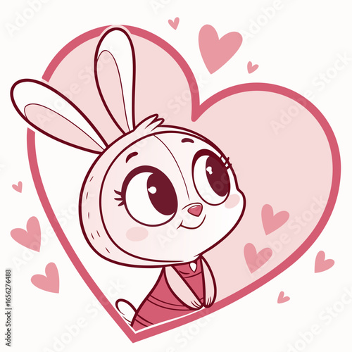 Cute Cartoon Rabbit with Heart Background - Vector Illustration