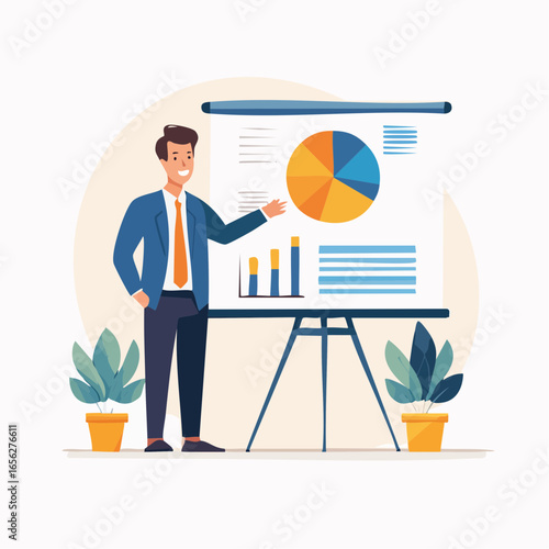 Business pitch vector with presenter and chart screen. Represents startup ideas, investment, and corporate communication.