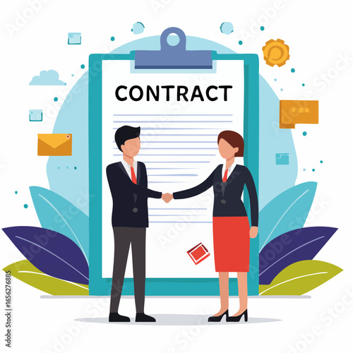 Negotiation vector showing handshake with contract. Great for business deals, agreements, and partnerships