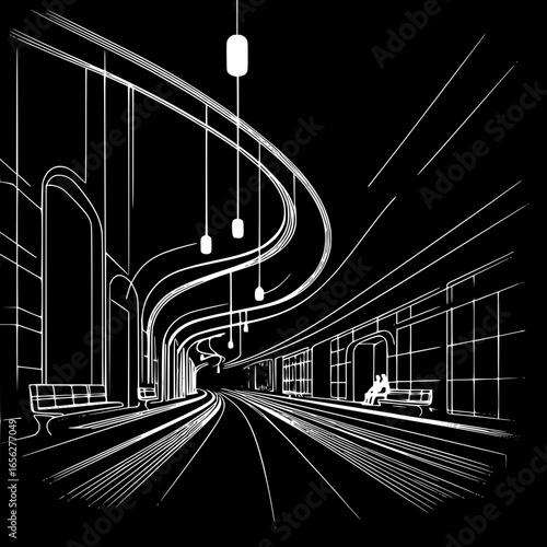 Modern train station interior design with line outline vector  