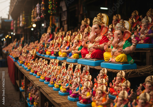 A vibrant market stall is filled with countless, handcrafted Lord Ganesha idols of varying sizes, ready to be purchased for the auspicious festival of Ganesh Chaturthi in India.