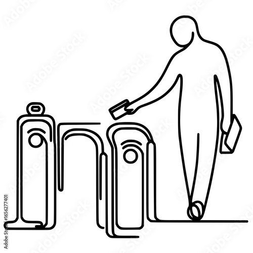 Person using transit ticket at entry gate in single line outline vector  