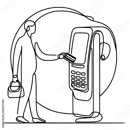 Man using card reader at payment terminal in single line outline vector  