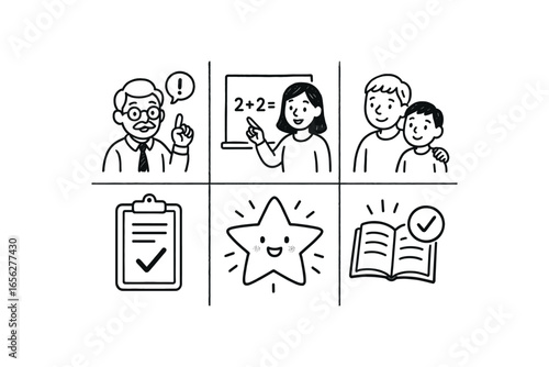 hand drawn cute doodle ink line art style line monochrome monochrome isolated on white background tutor guide (tasks): explaining demonstrating mentoring assessing motivating reviewing