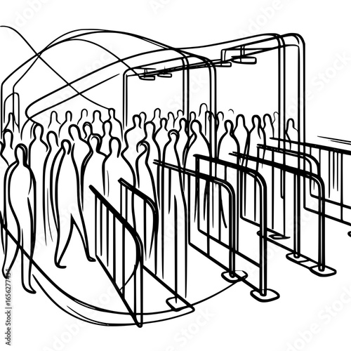 People queuing in a busy space illustrated as single line outline vector  