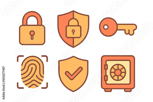 Comprehensive collection of security and safety icons: padlock, fingerprint scan, key, shield with lock, checked shield, and safe. Presented with a warm, gentle glowing effect on a deep, textured dar