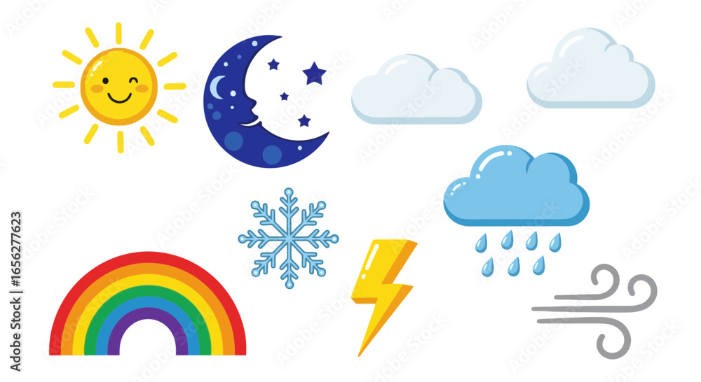 Obraz premium Weather Icon Set Depicting Various Conditions for Educational Materials and Forecasting Presentations, perfect for illustrating weather-related concepts, reports, or educational resources
