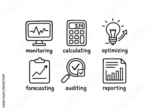 hand drawn cute doodle ink line art style line monochrome monochrome isolated on white background energy systems analyst (tasks): monitoring calculating optimizing forecasting auditing