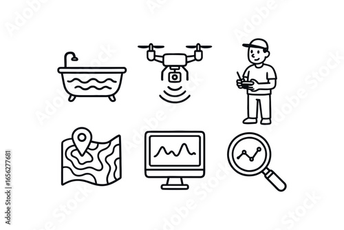 hand drawn cute doodle ink line art style line monochrome monochrome isolated on white background bathymetry drone operator (tasks): mapping scanning recording navigating surveying analyzing