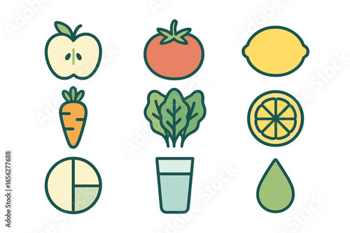 Vibrant healthy lifestyle concept featuring fresh fruits and vegetables, perfect ingredients for nutritious smoothies and juices, presented as a visually appealing flat icon set with a radiant glow o