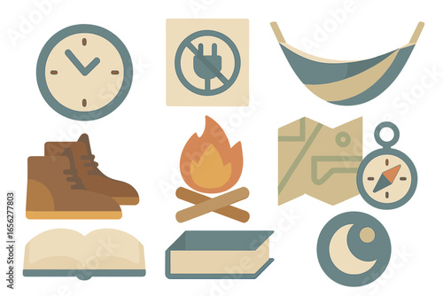 Diverse flat design icons for outdoor adventures and peaceful relaxation, showcasing elements such as a clock, no power symbol, hammock, hiking footwear, campfire, map, compass, open and closed books