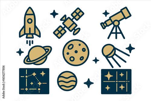Golden Space Exploration Icons: Celestial Objects, Rockets, Satellites, Telescopes on Dark Gradient - Perfect for Science and Astronomy Themes.
