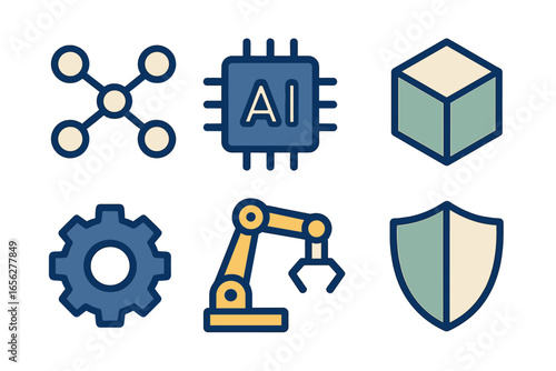 Modern technology and AI icons: chip, robotic arm, network, cube, gear, shield. A digital innovation and automation concept on a dark blue background, offering a glimpse into the future of connected