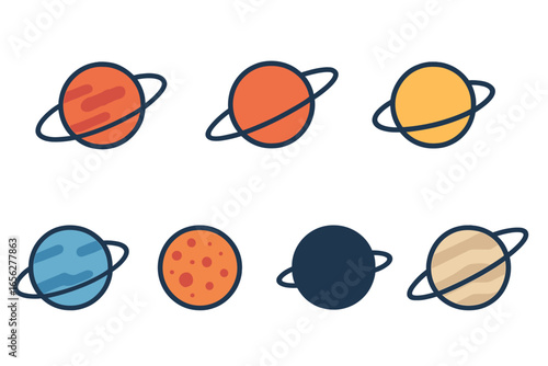 Stylized planets with captivating rings and detailed textures, presented in a modern flat design. These celestial bodies are set against a dark, softly illuminated backdrop, ideal for diverse space-t