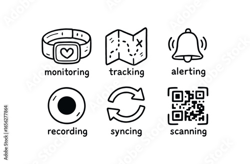 hand drawn cute doodle ink line art style line monochrome monochrome isolated on white background bioscan wristband (uses): monitoring tracking alerting recording syncing scanning