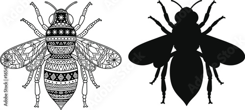 Honey bee coloring page vector illustration black silhouette