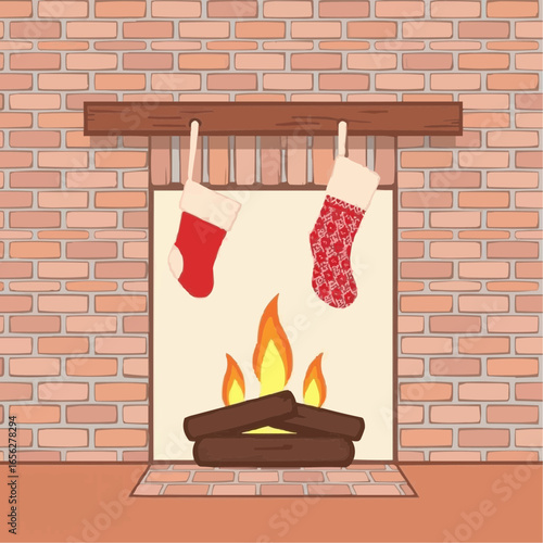 Cozy fireplace with Christmas stockings hanging on the mantel  
