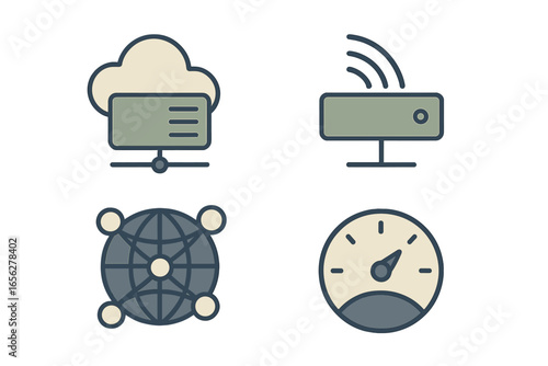 Modern technology icons depicting cloud computing, wireless networking, global internet connection, and performance metrics for digital services and data management, illustrating key digital concepts