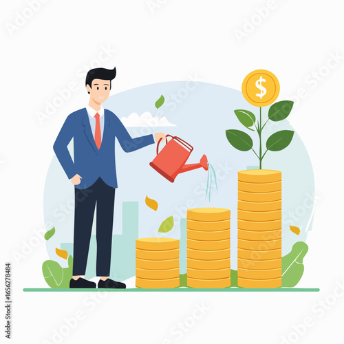 Investment vector with businessman growing money plant. Perfect for finance, savings, and wealth management.