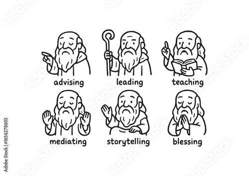 hand drawn cute doodle ink line art style line monochrome monochrome isolated on white background clan elder (roles): advising leading teaching mediating storytelling blessing