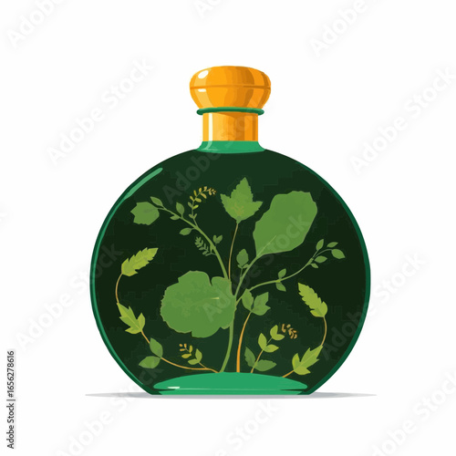 Green herbal bottle with decorative leaves and golden cap  