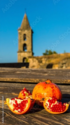 Pomegranate slices on weathered wood, church in background
