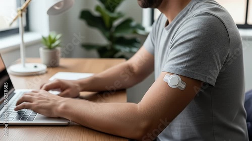 Man using laptop while wearing continuous glucose monitor patch on arm in modern home office