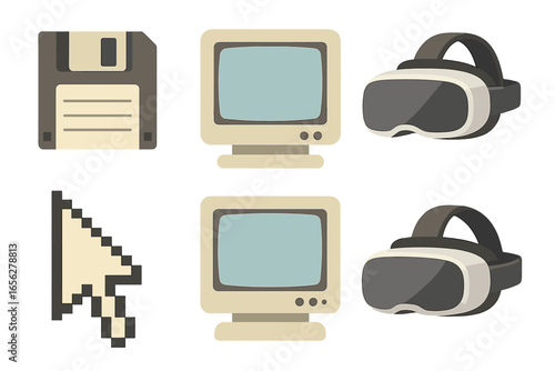 Retro and modern technology icons: floppy disk, CRT monitors