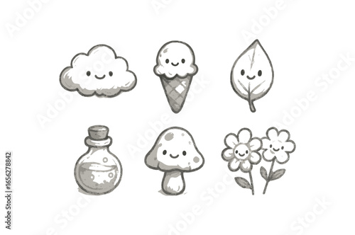 hand drawn cute doodle ink line art style line monochrome monochrome isolated on white background mistfall (effects): cooling softening dampening hiding blurring freshening