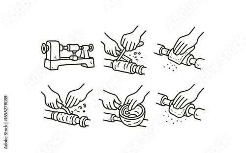 hand drawn cute doodle ink line art style line monochrome monochrome isolated on white background wood lathe (uses): turning shaping sanding carving hollowing polishing