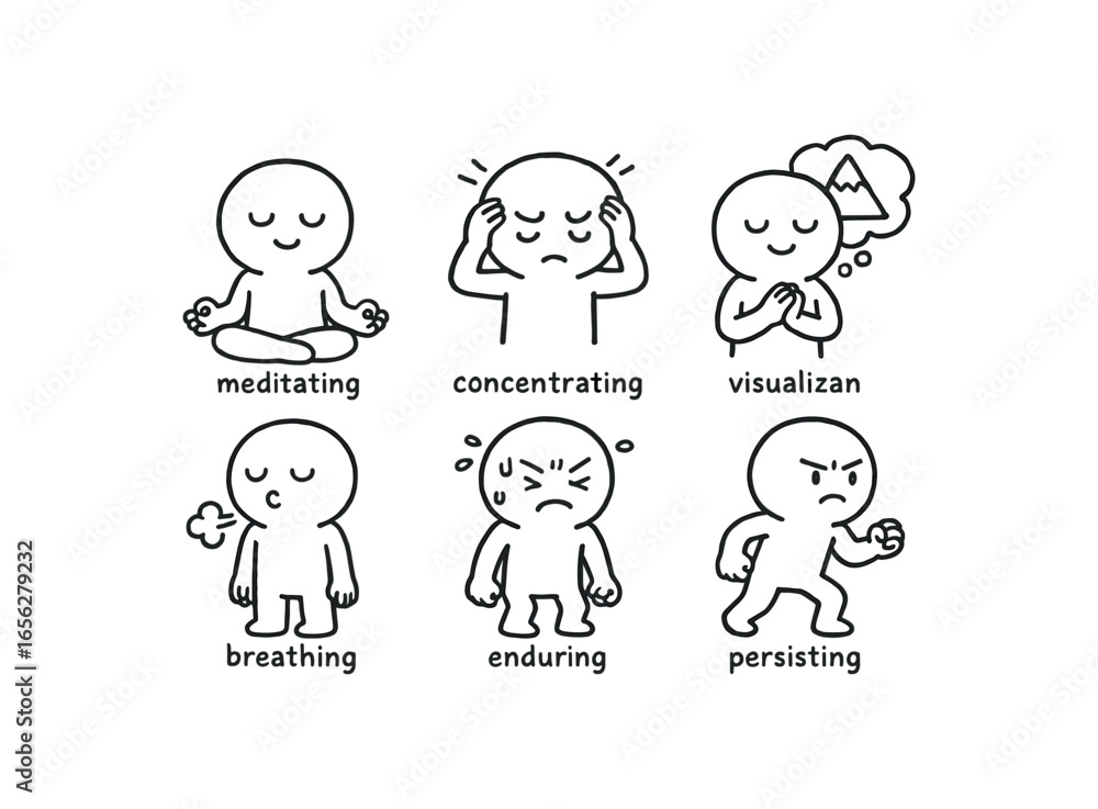 Fototapeta premium hand drawn cute doodle ink line art style line monochrome monochrome isolated on white background focused spirit (actions): meditating concentrating visualizing breathing enduring persisting