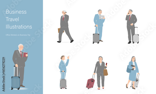 ベテラン社員の出張セット（ブルー系）/Business Travel Illustrations Set (Senior Office Workers)