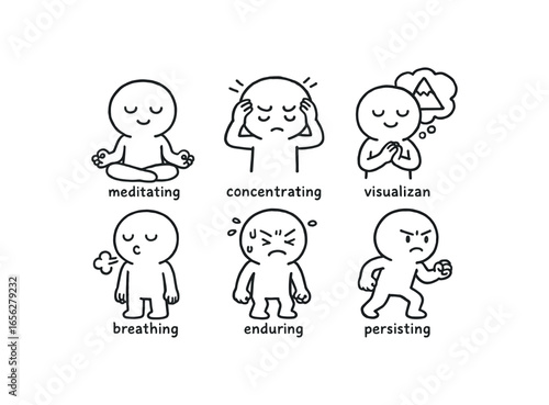 hand drawn cute doodle ink line art style line monochrome monochrome isolated on white background focused spirit (actions): meditating concentrating visualizing breathing enduring persisting