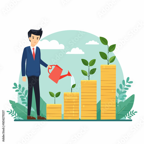 Investment vector with businessman growing money plant. Perfect for finance, savings, and wealth management.