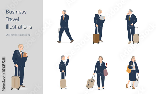 ベテラン社員の出張セット/Business Travel Illustrations Set (Veteran Employees, Navy Suits)