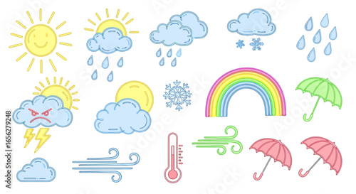Whimsical Weather Icons Collection Featuring Sunny Skies, Rain Clouds, Rainbows, and Umbrellas. Ideal for Educational Resources or Meteorological Projects