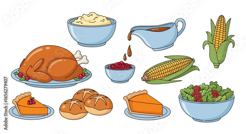 Festive Thanksgiving Food Illustration Featuring Traditional Dishes for Holiday Celebrations and Culinary-Themed Designs, Perfect for Recipes and Creative Holiday-Related Projects