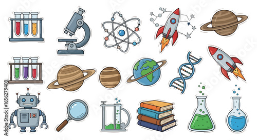 Scientific Illustration Set Featuring Test Tubes, Microscope, Planets, and Rockets for Educational Resources and Science-Themed Design Projects