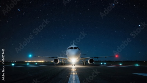 Commercial Airplane on Night Airport Runway Under Starry Sky