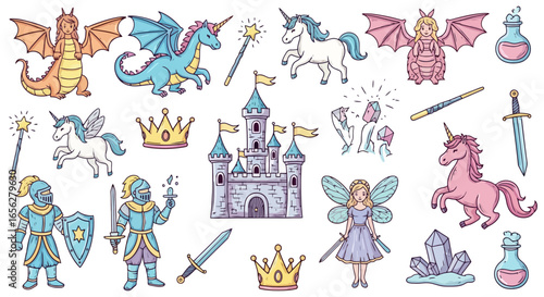 Enchanted Kingdom Illustration Featuring Dragons, Unicorns, Knights, and Fairy-tale Elements for Children's Books and Fantasy-Themed Designs