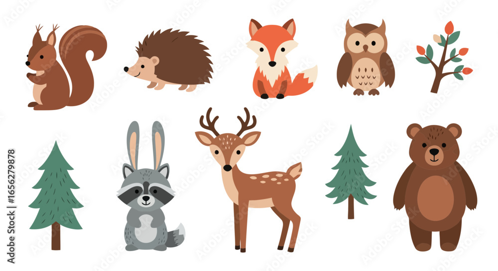 Fototapeta premium Whimsical Woodland Animal Collection Featuring Cute Illustrations of Forest Creatures for Children's Books, Educational Resources, and Decorative Designs
