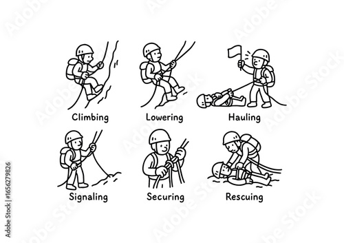 hand drawn cute doodle ink line art style line monochrome monochrome isolated on white background crevasse rescuer (tasks): climbing lowering hauling signaling securing rescuing