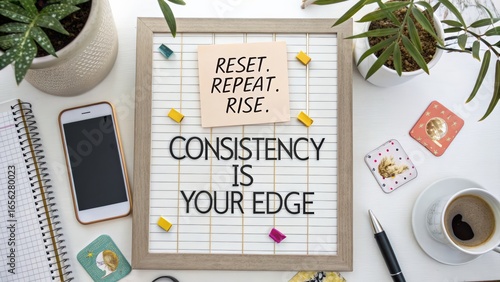 Motivational workspace arrangement featuring inspirational quotes and coffee
