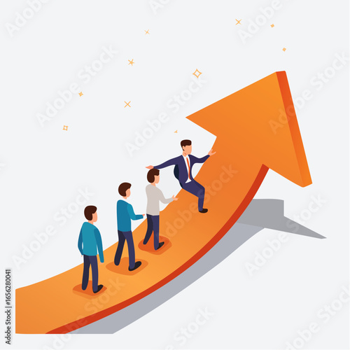 Leadership vector showing leader guiding team on upward arrow. Great for motivation, vision, and corporate leadership themes