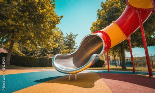 Colorful playground slide under sunny sky