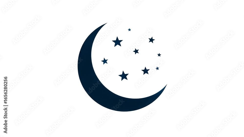 Crescent moon and stars in simple illustration, dark blue against a plain white background