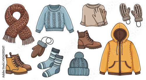 Cozy Winter Clothing Collection Featuring Knitted Accessories, Warm Outerwear, and Durable Footwear. Perfect for illustrating seasonal fashion, retail catalogs, or educational materials