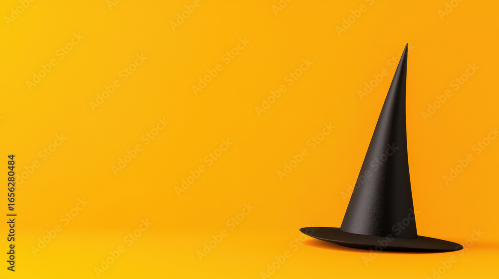 Fototapeta premium Black witch hat rests on vibrant orange background, creating playful and whimsical atmosphere perfect for Halloween celebrations