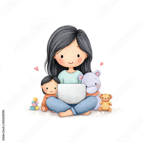 Watercolor Illustration of Mother Working from Home with Baby and Toys